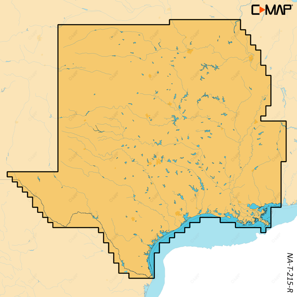 C-MAP Reveal X chart coverage map for US Lakes South Central, M-NA-T-215-R-MS, Texas region outlined