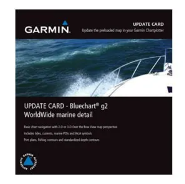 Garmin BlueChart g2 010-10800-74 WorldWide marine detail update card, boxed cover with a boat bow on waves