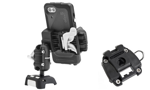 ROKK Mini RLS-509-401 phone kit with black screw-mount base and phone clamp holding a phone, plus extra clamp base