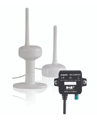 Fusion MS-DAB100A 010-01953-10 DAB+ module with powered antenna, black module with white antenna and base