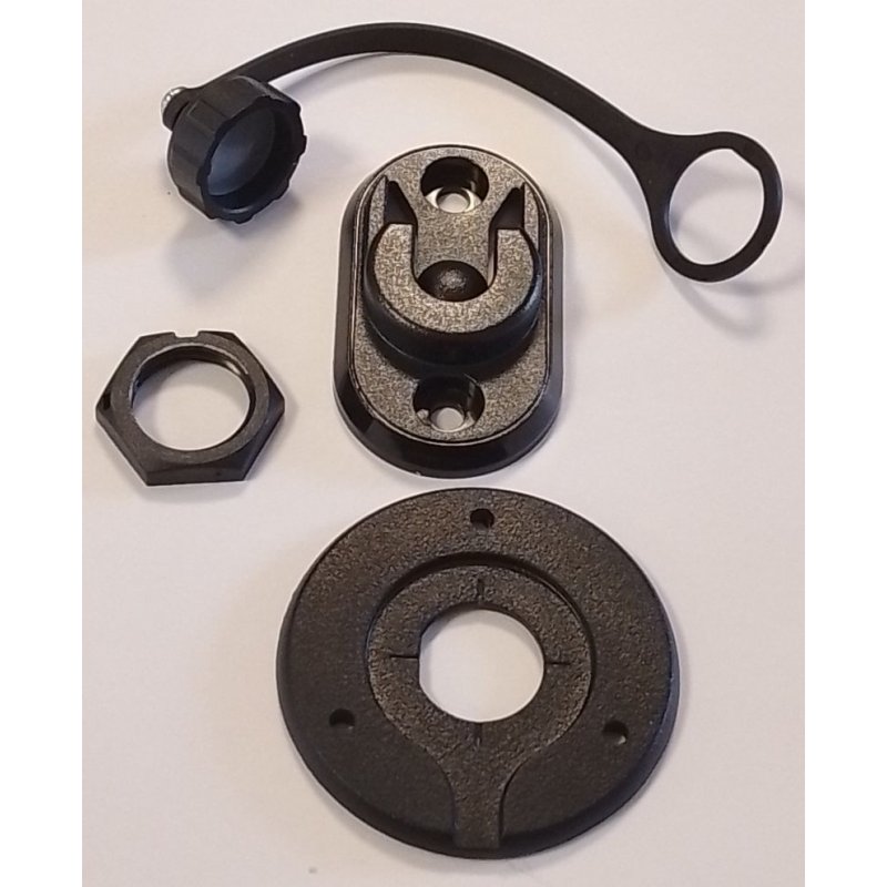Raymarine R70438 VHF panel mount fixings, black capped socket, black mounting bracket, locknut and round backing plate