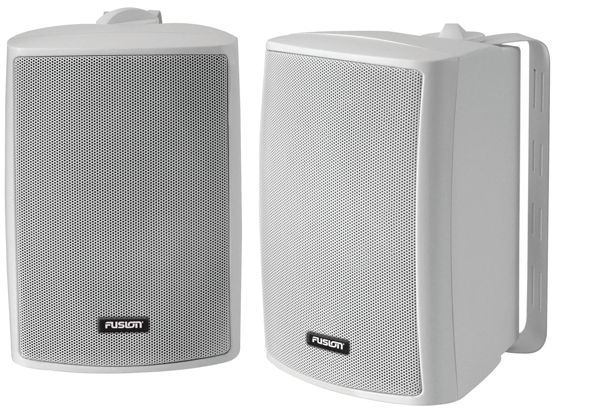 Fusion MS-OS420 4 inch 100 watt box speakers pair, two white wall-mount speakers with grey grilles and a bracket