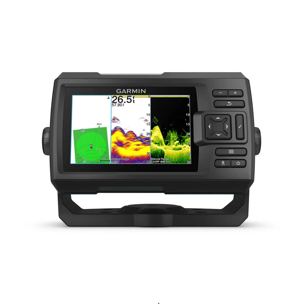 Garmin STRIKER Vivid 5cv 010-02551-02 without transducer, front view of colour sonar and green sidescan, 26.5