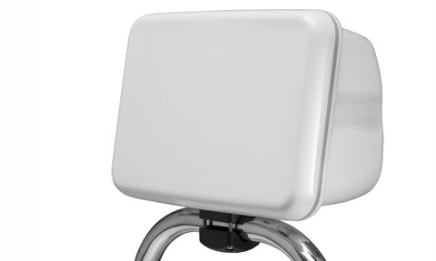 Scanstrut SPR-8-RM white rail mounted pod on a stainless rail clamp, front three-quarter view