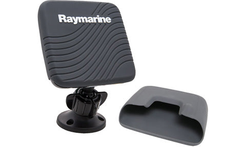 Raymarine A80371 Dragonfly 4 and 5 suncover, grey ribbed cover with Raymarine lettering beside a bracket and a base