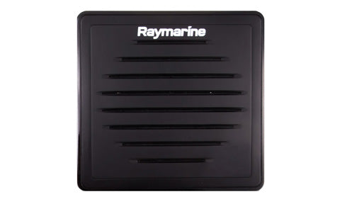 Raymarine A80542 Ray90 and Ray91 passive speaker, front view of black square speaker with Raymarine lettering