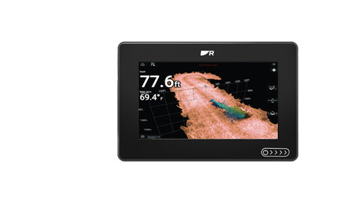 Raymarine E70635 Axiom+ 7 RV, front view of black display showing a 3D seabed sonar image at 77.6 ft