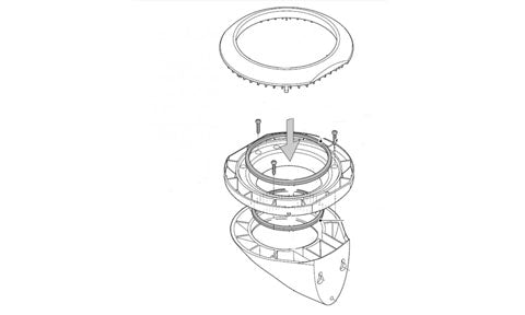 Raymarine A80437 RS150, EV1 and EV2 MicroTalk puck mounting kit, exploded line drawing of a mount and a ring