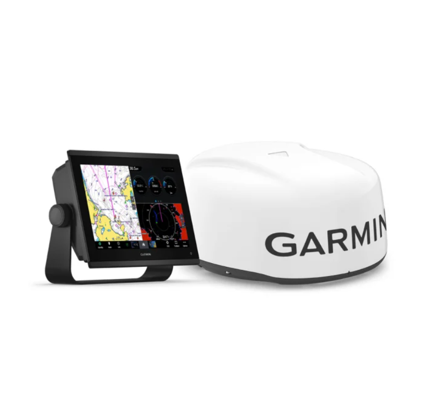 Garmin GPSMAP 1223xsv 010-02367-52 chartplotter with white GMR 18 HD3 radome, bundle front view