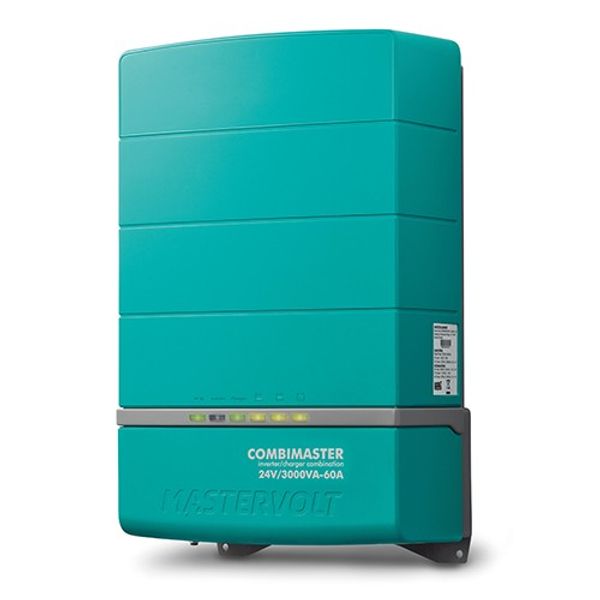 Mastervolt CombiMaster 24/3000-60 inverter charger, upright teal case with front indicator lights and label