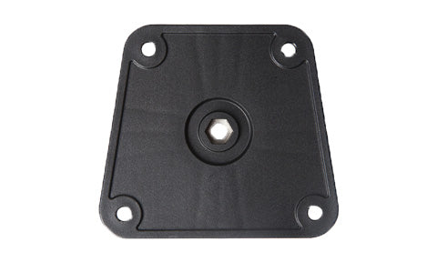 ROKK RL-501 black square top plate with four screw holes and central stainless fixing, top view on white
