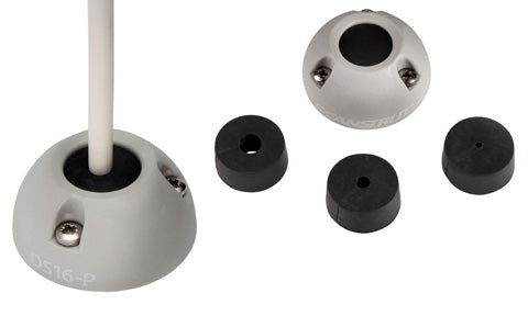 Scanstrut DS16-P grey mini cable seal fitted over a white cable, with three black rubber bungs beside it