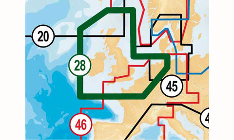 Navionics+ 010-C1350-30 SD card preloaded with 28XG UK and Ireland, chart region numbers map of north-west Europe