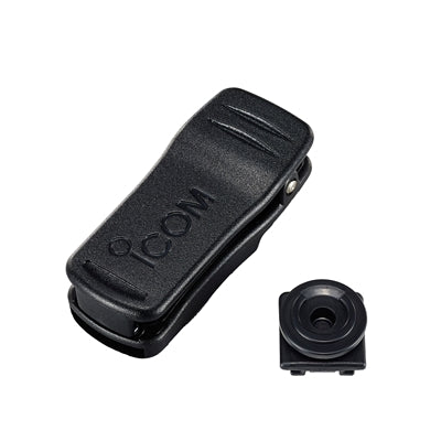 Icom MB-136 leather belt hanger, black belt clip with the Icom logo beside a round black fixing plate