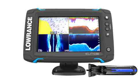 Lowrance Elite-7 Ti 000-14518-001 chartplotter on bracket showing split sonar screens, with TotalScan transducer
