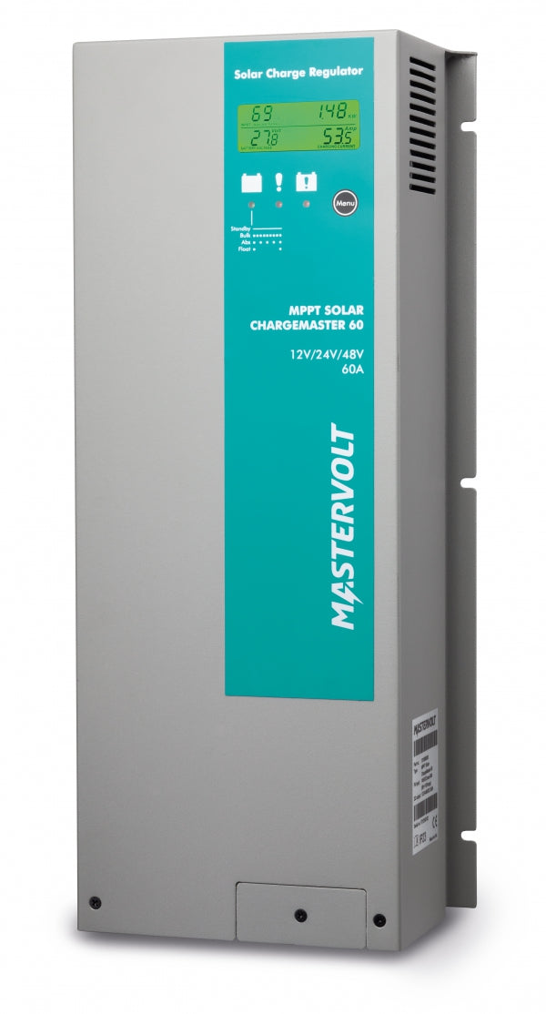 Mastervolt SCM60 MPPT-MB 131906000 solar charge controller, front view of grey case with green LCD and teal label