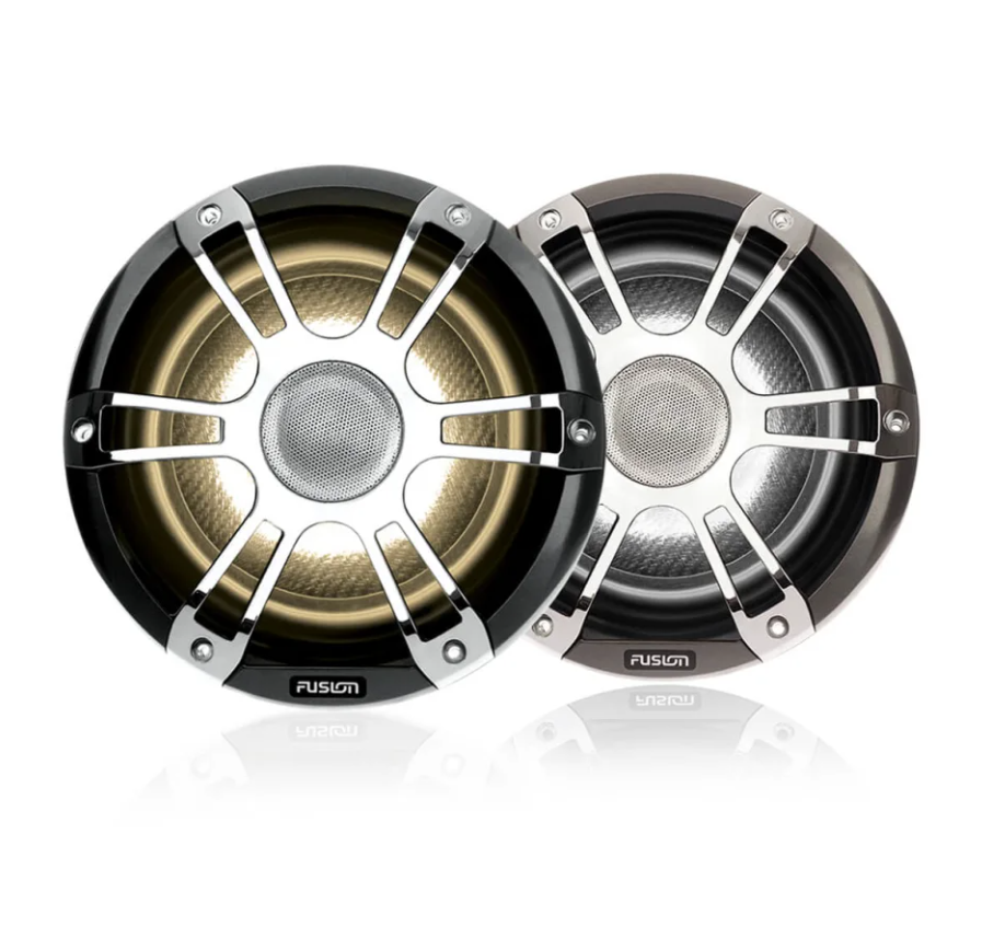 Fusion Signature Series 3 010-02432-11 marine speakers, grey pair with warm white and cool white lit grilles