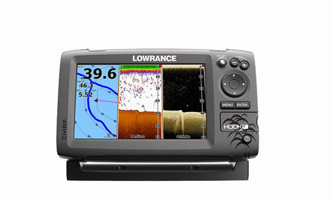 Lowrance Hook-7 000-12663-001 chartplotter fishfinder on bracket, front view with depth reading and split sonar display