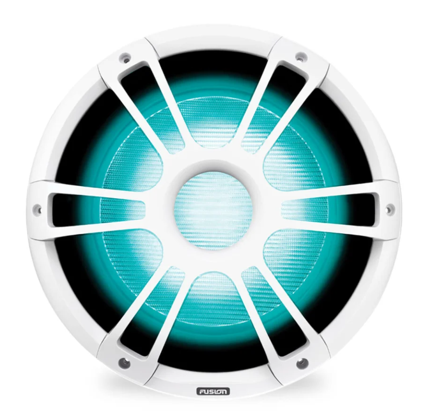 Fusion 010-02436-10 12in 1400 watt sports white marine subwoofer, front view lit aqua