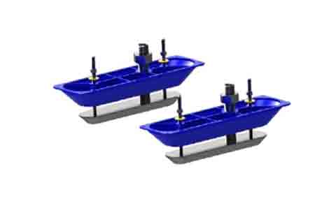 Lowrance Simrad StructureScan 3D stainless dual thru-hull transducer 000-13560-001, two blue housings with studs