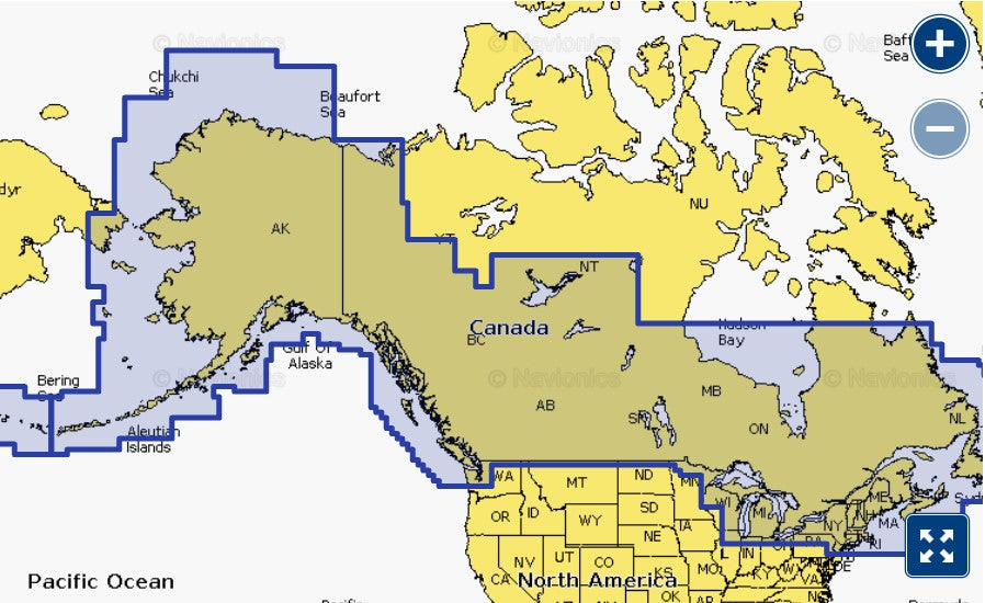 Garmin Navionics+ 010-C1288-00 Canada and Alaska NVUS004R coverage, selection over Canada and Alaska