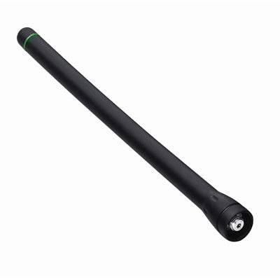 Icom FA-SC58V 150-174 MHz antenna, black flexible whip with green top band and threaded SMA base, close view
