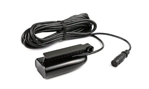 Lowrance SplitShot Skimmer transducer 000-14028-001, black housing with cable and plug, side view