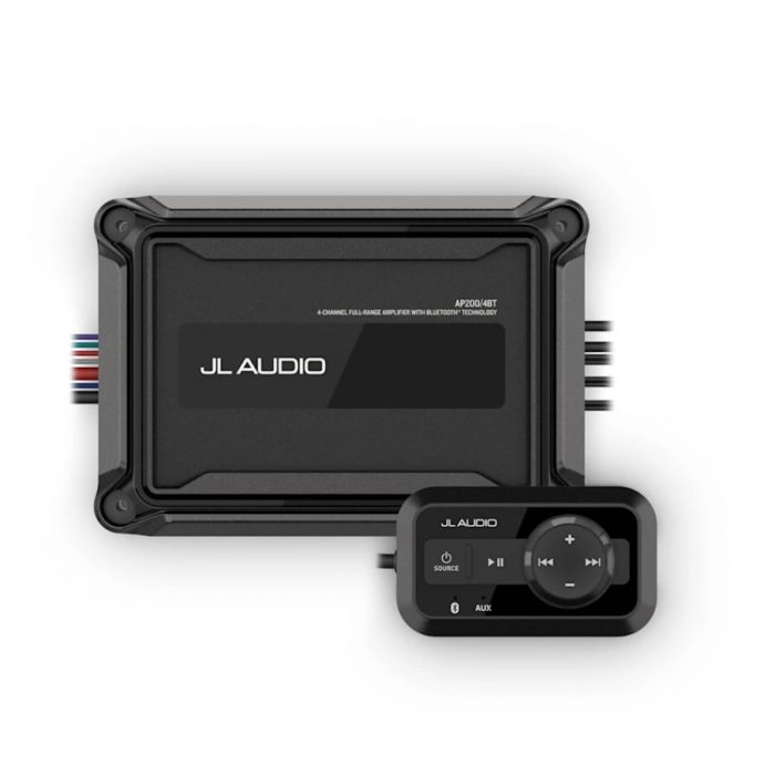 JL Audio AP 010-03431-00 4 channel amplifier with Bluetooth, black unit with a small wired remote control