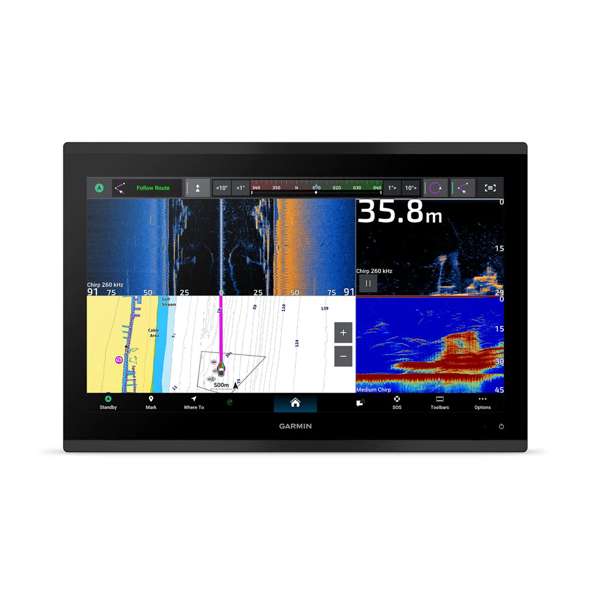 Garmin GPSMAP 9017xsv 010-03177-02 chartplotter, front view with sonar panes and 35.8 m depth