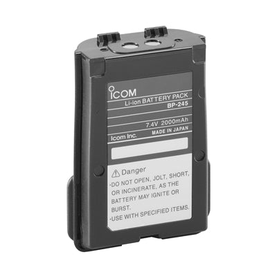 Icom BP-245/N/H battery pack, black battery with a white label showing BP-245, 7.4V 2000mAh