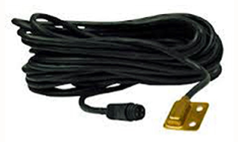 Lowrance TS-2U 000-0099-77 temperature sensor with brass plate on end of long coiled black cable and round connector