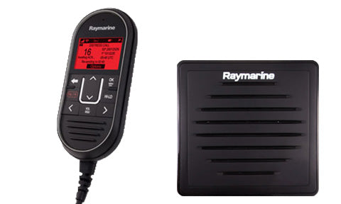 Raymarine T70432 Ray90 and Ray91 wired station pack, black handset showing channel 16 beside a black passive speaker
