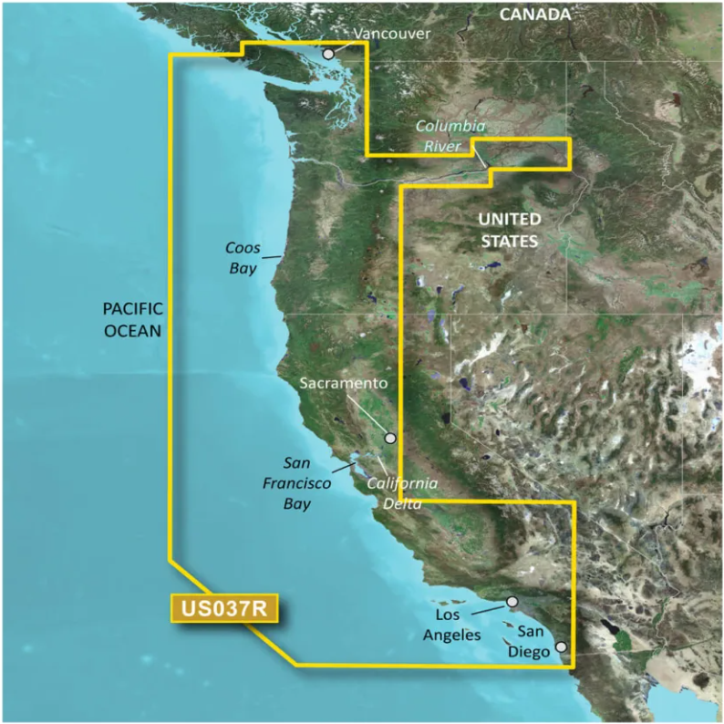 Garmin BlueChart g3 Vision VUS037R coverage map, Vancouver to San Diego along the US west coast