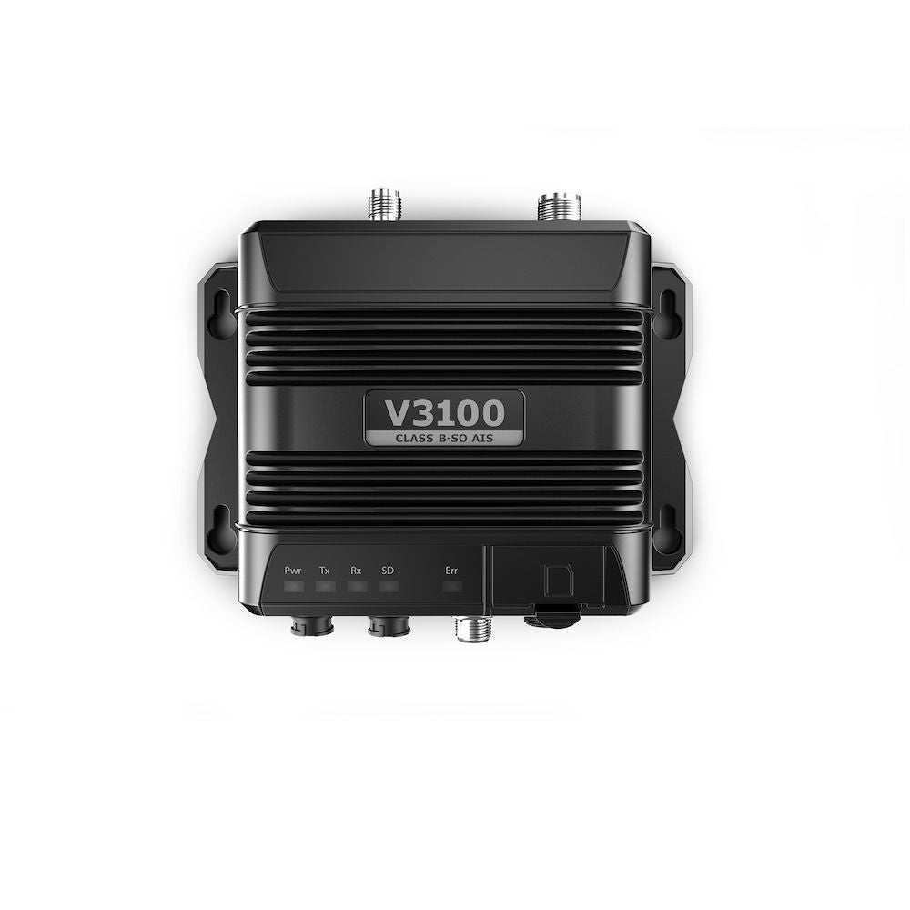 Navico 000-14380-001 V3100 SOTDMA Class B AIS, black ribbed transceiver box with a V3100 label and two antenna sockets