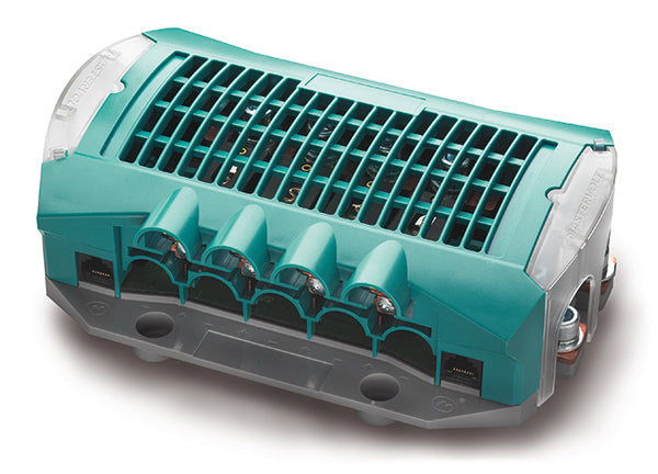 Mastervolt DC Distribution 500 unit, teal vented housing with row of heavy-duty busbar terminals at the front