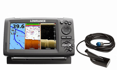 Lowrance Hook-7 000-12664-001 chartplotter with three-panel screen, shown with DownScan skimmer transducer and cable