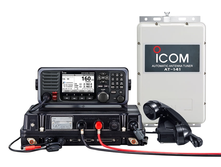 Icom GM800 GMDSS MF/HF marine transceiver with Class A DSC, black radio, handset and a grey AT-141 tuner box