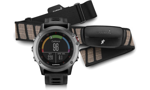 Garmin Fenix 3 010-01338-11 watch performer bundle in grey, with heart rate chest strap and watch face showing 96