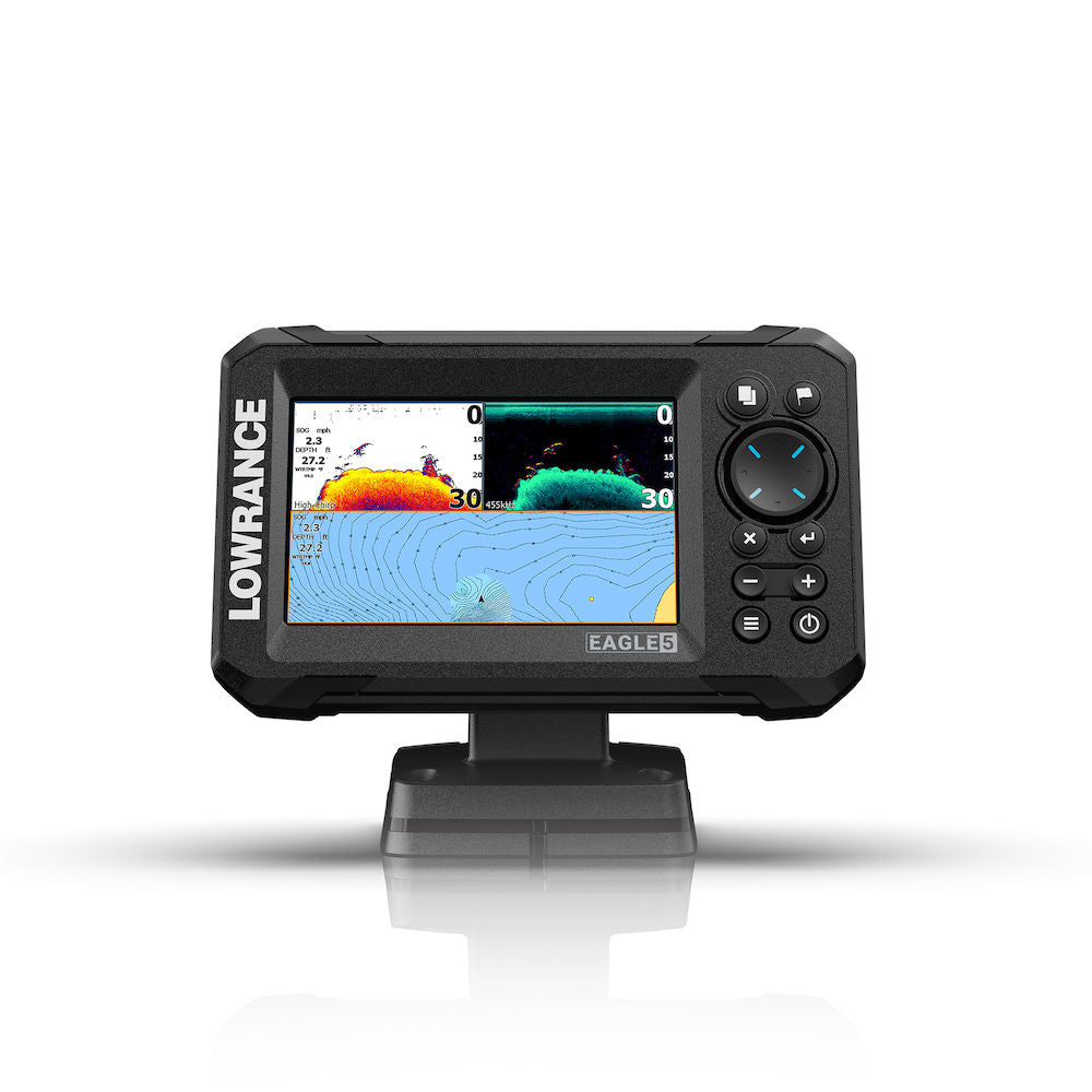 Lowrance 000-16236-001 Eagle 5 without transducer, front view of a 5 inch fishfinder showing sonar and chart panes