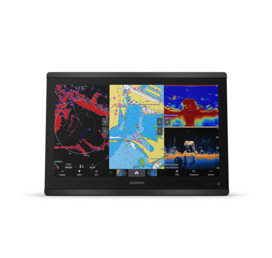 Garmin GPSMAP 8616 010-02093-01 chartplotter, front view with radar, chart, sonar and fish arch panes