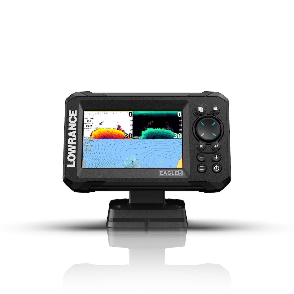Lowrance 000-16307-001 Eagle 5 with 83/200 HDI, front view of a 5 inch fishfinder on a bracket showing sonar panes