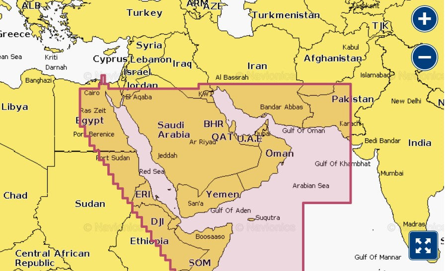 Garmin Navionics+ 010-C1229-00 The Gulf and Red Sea NVAW010R coverage, pink selection over Arabia