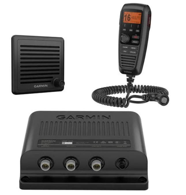 Garmin VHF 315 010-02047-00 marine radio: black box, coiled handset showing channel 16 and external speaker