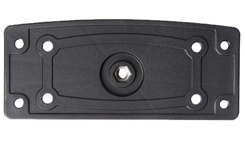 ROKK RL-504 black top plate, rectangular plate with centre mounting socket and six screw holes, front view