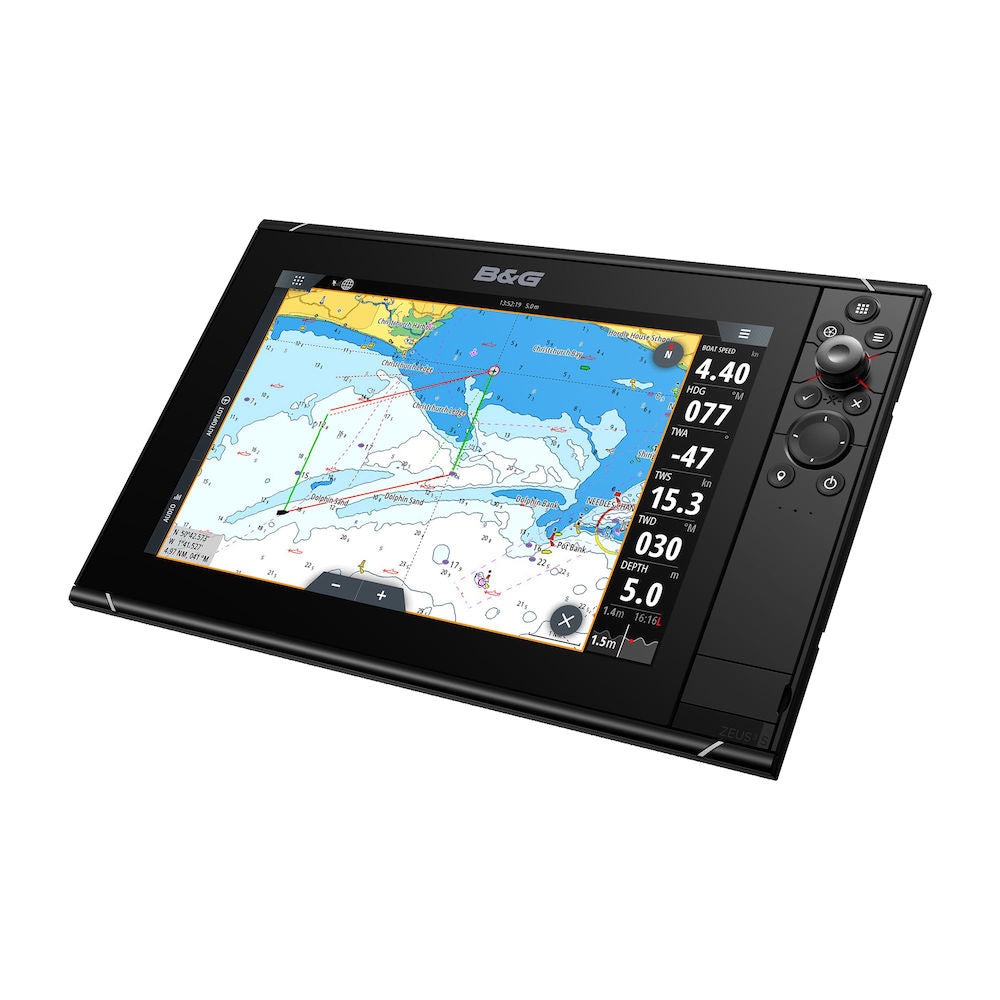 B&G 000-15412-002 Zeus3 S 12 chartplotter with world basemap, angled view of a display showing a coastal chart