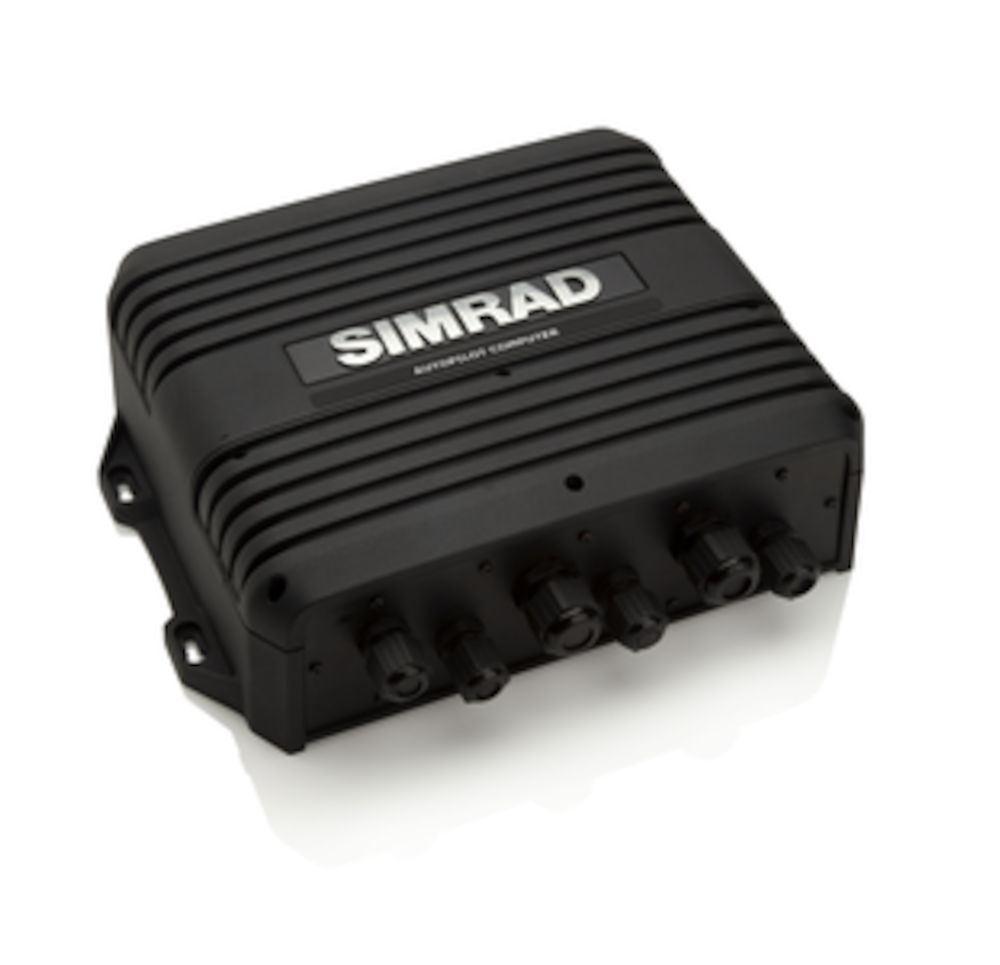 Simrad 000-10187-001 AC80A autopilot computer, black ribbed case with Simrad label and connector sockets on the front