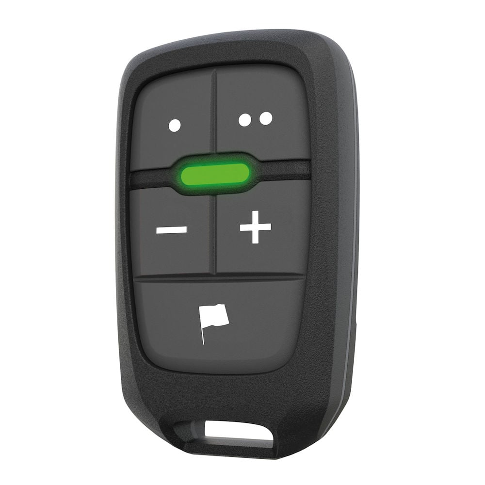 Lowrance LR-1 000-14505-001 remote controller: black handheld fob with green centre button, plus, minus and flag keys