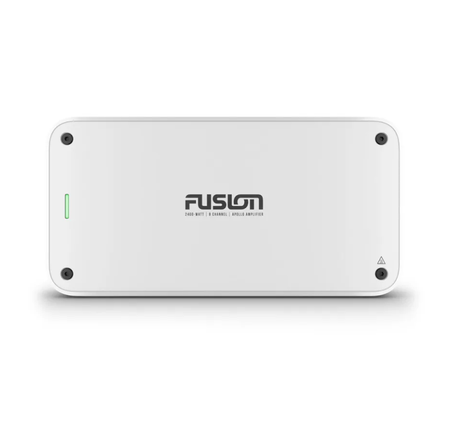 Fusion Apollo 010-02284-85 8 channel marine amplifier, white box with green LED and Fusion logo