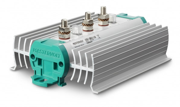 Mastervolt Battery Mate 1602 IG battery isolator, finned aluminium heatsink with three terminal studs, angled view