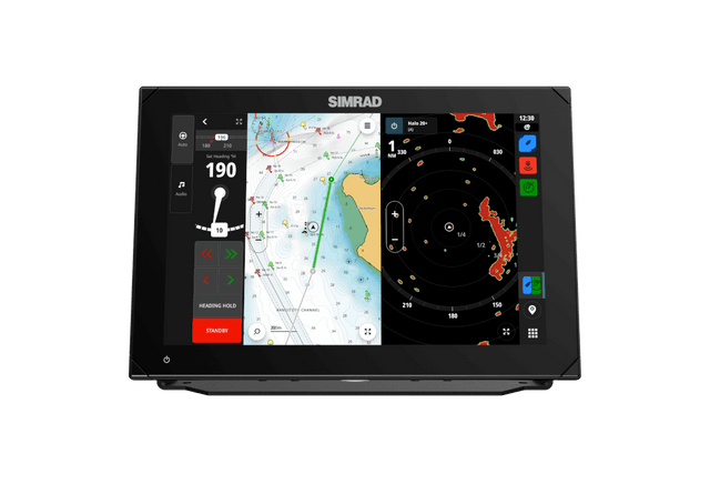 Simrad 000-15223-001 NSX 3012 smart chartplotter and fishfinder, front view of a 12 inch display showing chart and radar